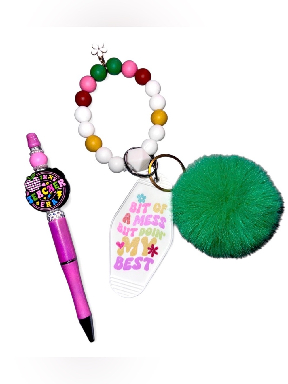 NWT Fun, Bright And Sassy Keychain + Teacher Themed Ball Point Pen Bundle